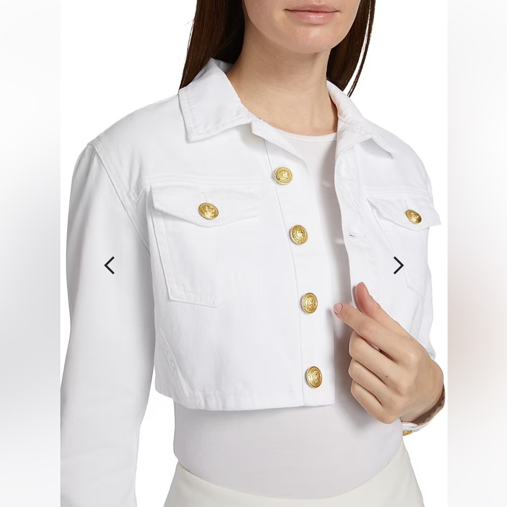 NWOT L’AGENCE Genevie Cropped Denim Jacket Blanc White Gold Dome Buttons Size M - Picture 4 of 7